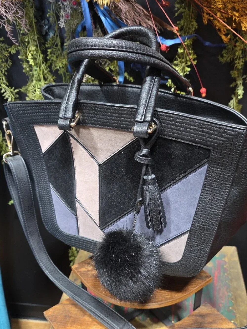 Black Geometric Panel Shoulder Bag with Pom Accent
